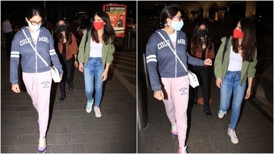 Sara tied her locks in a middle-parted simple hairdo. She completed her look with nerdy glasses and a face mask to keep herself safe during the pandemic. (HT Photo/Varinder Chawla)