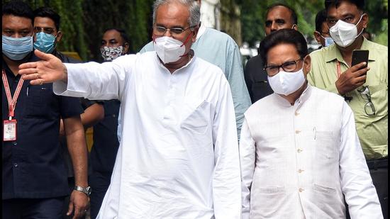 Chhattisgarh chief minister Bhupesh Baghel with Chhattisgarh in-charge PL Punia leave Congress leader Rahul Gandhi's residence after meeting him, in New Delhi on Tuesday. (ANI)