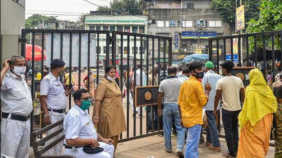 Police personnel deployed at the emergency gate of NRS Hospital where three teachers are admitted. The teachers attempted suicide on Tuesday, in Kolkata. (PTI PHOTO.)