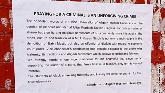 Posters condemning AMU VC Tariq Mansoor surfaced across AMU campus, which were then taken down. (Twitter) Posters condemning AMU VC Tariq Mansoor surfaced across AMU campus, which were then taken down. (Twitter)