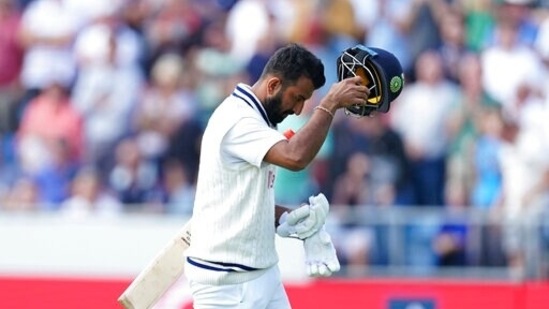 India's Cheteshwar Pujara walks off the field after losing his wicket during the first day of third test cricket match between England and India, at Headingley cricket ground in Leeds, England, Wednesday, Aug. 25, 2021. (AP Photo/Jon Super)(AP)
