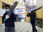 The need for medical oxygen to treat Covid-19 infections ballooned severely during the second wave of infections. In picture - Health workers carrying oxygen cylinders. The need for medical oxygen to treat Covid-19 infections ballooned severely during the second wave of infections. In picture - Health workers carrying oxygen cylinders.