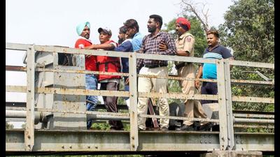 Police detain members of ETT Teachers Union who were staging a protest on a Bhakra Canal bridge near Passiana village in Patiala on Thursday. (PTI)