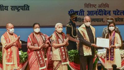 President Ram Nath Kovind felicitates a student at the Babasaheb Bhimrao Ambedkar University convocation in Lucknow on Thursday. (PTI Photo) President Ram Nath Kovind felicitates a student at the Babasaheb Bhimrao Ambedkar University convocation in Lucknow on Thursday. (PTI Photo)