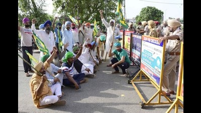 Farmer union members during a protest near the BJP’s meeting venue in Ludhiana on Tuesday.