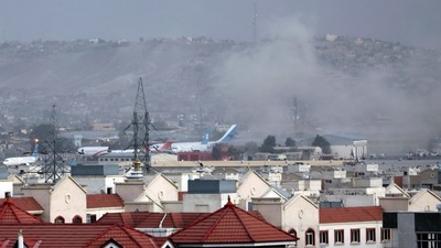 Smoke rises from explosion outside the airport in Kabul, Afghanistan, Thursday, Aug. 26, 2021. (AP) Smoke rises from explosion outside the airport in Kabul, Afghanistan, Thursday, Aug. 26, 2021. (AP)