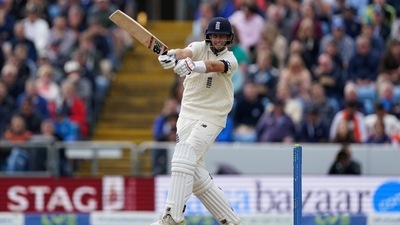England captain Joe Root bats during the second day of third test cricket match between England and India, at Headingley cricket ground in Leeds, England, Thursday, Aug. 26, 2021. (AP Photo/Jon Super) (AP) England captain Joe Root bats during the second day of third test cricket match between England and India, at Headingley cricket ground in Leeds, England, Thursday, Aug. 26, 2021. (AP Photo/Jon Super) (AP)