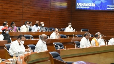 All-party meeting on the Afghanistan situation underway in Parliament on Thursday. (Arvind Yadav/HT) All-party meeting on the Afghanistan situation underway in Parliament on Thursday. (Arvind Yadav/HT)