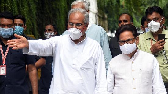 Chhattisgarh chief minister Bhupesh Baghel and state Congress incharge PL Punia leave party leader Rahul Gandhi's residence after a meeting in New Delhi on Tuesday. (ANI)