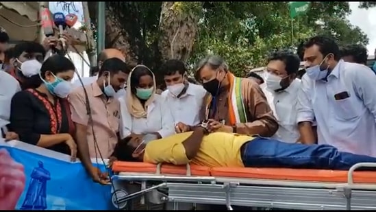 Congress MP Shashi Tharoor during the IYC protest.(Screenshot from video posted by @ShashiTharoor on Twitter) Congress MP Shashi Tharoor during the IYC protest.(Screenshot from video posted by @ShashiTharoor on Twitter)