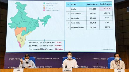 Secretary, Ministry of Health & Family Welfare, Rajesh Bhushan addresses a press conference on the actions taken, preparedness and updates on Covid-19 (including vaccination), in New Delhi on Thursday. (PTI)