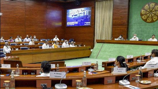 External affairs minister S Jaishankar with union ministers Piyush Goyal, Pralhad Joshi, briefs the all-party panel over the present situation in Afghanistan, during a meeting at Parliament Annexe, in New Delhi, Thursday. (PTI)