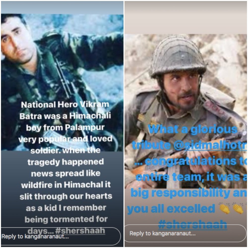 Screengrabs of Kangana Ranaut's posts about Shershaah. Screengrabs of Kangana Ranaut's posts about Shershaah.