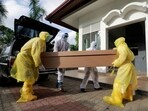Workers carry a Covid-19 victim's body in a cardboard coffin for cremation at a cemetery, amid the coronavirus disease (Covid-19) pandemic, on the outskirts of Colombo, Sri Lanka(REUTERS/Dinuka Liyanawatte)