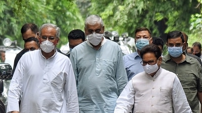 Chhattisgarh chief minister Bhupesh Baghel with state in-charge PL Punia and health minister TS Singh Deo come out of Congress leader Rahul Gandhi's residence after meeting him, in New Delhi earlier this week. (ANI Photo)