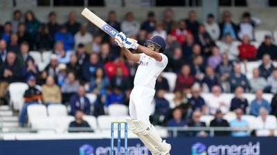 India's Rohit Sharma hits a six on a delivery by England's Ollie Robinson during the third day of third test cricket match between England and India, at Headingley cricket ground in Leeds, England, Friday, Aug. 27, 2021. (AP) India's Rohit Sharma hits a six on a delivery by England's Ollie Robinson during the third day of third test cricket match between England and India, at Headingley cricket ground in Leeds, England, Friday, Aug. 27, 2021. (AP)