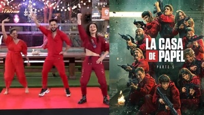Bigg Boss OTT contestants Divya Agarwal, Millind Gaba and Akshara Singh dance to the Money Heist Anthem. Bigg Boss OTT contestants Divya Agarwal, Millind Gaba and Akshara Singh dance to the Money Heist Anthem.