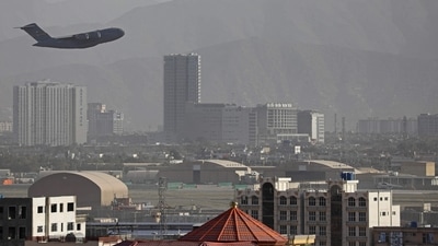 A US Air Force aircraft takes off from the military airport in Kabul on August 27, 2021. (AFP) A US Air Force aircraft takes off from the military airport in Kabul on August 27, 2021. (AFP)
