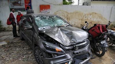 The car, being driven by 20-year-old Rachit Singhal, hit the bike from behind. (Sanchit Khanna/HT Photo) The car, being driven by 20-year-old Rachit Singhal, hit the bike from behind. (Sanchit Khanna/HT Photo)