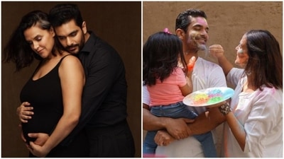 Neha Dhupia, Angad Bedi and their daughter Mehr.