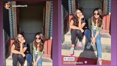 In the middle of such picturesque landscapes that Sara surprised fans by dropping pictures with Radhika Madan at Shanti Stupa in Ladakh. The duo flaunted comfy travel fashion in the pictures which have now gone viral. (Instagram/saraalikhan95) In the middle of such picturesque landscapes that Sara surprised fans by dropping pictures with Radhika Madan at Shanti Stupa in Ladakh. The duo flaunted comfy travel fashion in the pictures which have now gone viral. (Instagram/saraalikhan95)