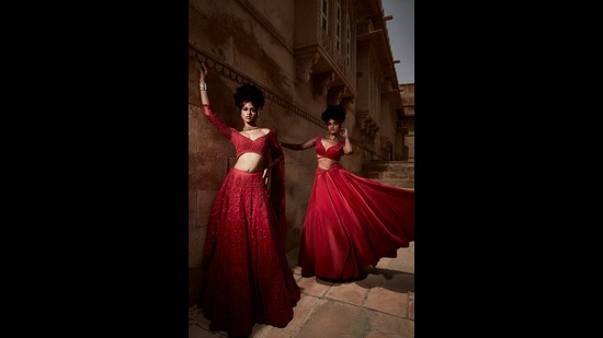 Models in ball gown inspired lehengas, peppered with crystal embroidery Models in ball gown inspired lehengas, peppered with crystal embroidery