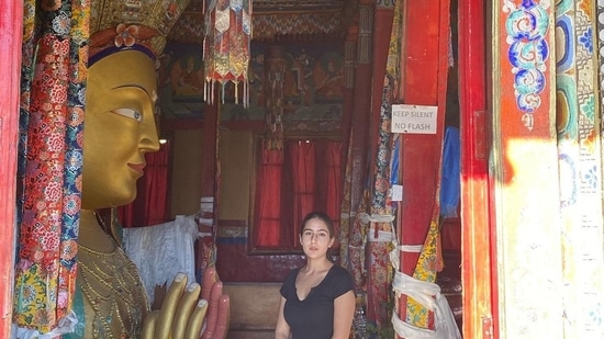 Sara also visited the Maitreya temple which was built by king Tragspa Bumde and reportedly houses an original 15th century three-storey clay Maitreya image.(Instagram/saraalikhan95)