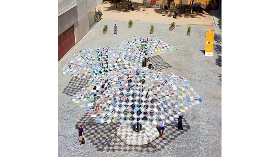 Her 2014 project in Barcelona, Spain, is called Library of Lost Books. Books locked in storage were brought out and used as construction material, to build an outdoor canopy for those reading underneath. After dismantling, the books used to construct the canopy were available to the public as a souvenir commemorating the event.(Picture courtesy Javier Callejas)