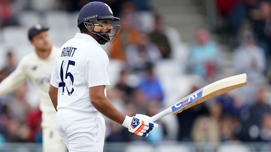 India's Rohit Sharma raises his bat to celebrate scoring fifty runs during the third day of third Test(AP)