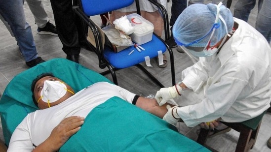 A Covid 19 survivor donates plasma for the treatment of infected patients.(PTI)