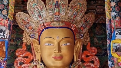 Made of clay, gold paint and copper, the statue of Maitreya Buddha was built in four years by the local artists under the master Shilp Guru Nawang Tsering of Leh’s Central Institute of Buddhist Studies. (Instagram/radhikamadan)