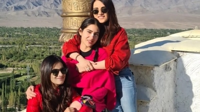 Adding to fans excitement was a picture where Radhika and best friend, Jasleen Royal were seen cuddling Sara for a picture in Thikse Monastery’s courtyard with the crystal blue sky above them, barren brown hills in the backdrop and a patch of greenery below. (Instagram/radhikamadan)