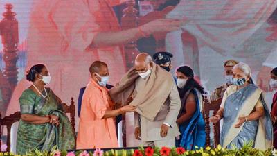 President Ram Nath Kovind being felicitated by Uttar Pradesh chief minister Yogi Adityanath in Gorakhpur on Saturday. (PTI Photo)