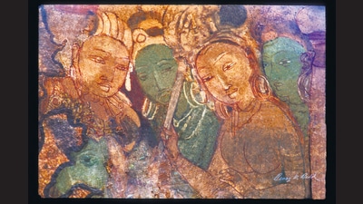 The digitally restored image of Queen and Attendants, from a 6th century painting from the Badami caves, is the third Indian deposit at the Arctic World Archive. (Benoy Behl) The digitally restored image of Queen and Attendants, from a 6th century painting from the Badami caves, is the third Indian deposit at the Arctic World Archive. (Benoy Behl)