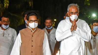 Chhattisgarh Chief Minister Bhupesh Baghel along with AICC incharge P.L Punia comes out after meeting with Congress leader Rahul Gandhi, outside his residence in New Delhi. (Prateek Kumar) Chhattisgarh Chief Minister Bhupesh Baghel along with AICC incharge P.L Punia comes out after meeting with Congress leader Rahul Gandhi, outside his residence in New Delhi. (Prateek Kumar)
