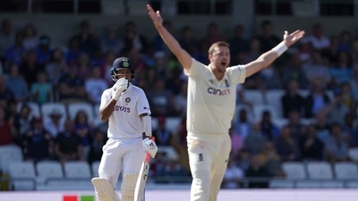 Leeds: England's Ollie Robinson, right, appeals successfully for the wicket of India's Cheteshwar Pujara, left, during the fourth day of third test cricket match between England and India, at Headingley cricket ground in Leeds, England, Saturday, Aug. 28, 2021. AP/PTI(AP08_28_2021_000128A) (AP) Leeds: England's Ollie Robinson, right, appeals successfully for the wicket of India's Cheteshwar Pujara, left, during the fourth day of third test cricket match between England and India, at Headingley cricket ground in Leeds, England, Saturday, Aug. 28, 2021. AP/PTI(AP08_28_2021_000128A) (AP)