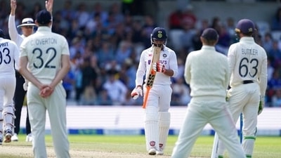 India's Ravindra Jadeja, center, looks at his bat after hitting a six during the fourth day of third test cricket match between England and India, at Headingley cricket ground in Leeds, England, Saturday, Aug. 28, 2021. (AP Photo/Jon Super) (AP) India's Ravindra Jadeja, center, looks at his bat after hitting a six during the fourth day of third test cricket match between England and India, at Headingley cricket ground in Leeds, England, Saturday, Aug. 28, 2021. (AP Photo/Jon Super) (AP)