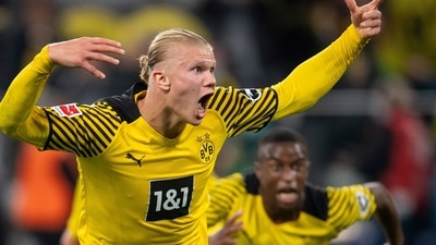 Dortmund's Erling Haaland celebrates. (AP)