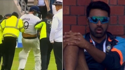 Ashwin (L) requests Jarvo to stop invading pitch during Test match (HT Collage) Ashwin (L) requests Jarvo to stop invading pitch during Test match (HT Collage)