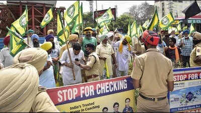 Police trying to disperse agitating farmers in Ludhiana on Saturday.