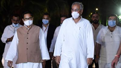 Chhattisgarh CM Bhupesh Baghel along with 53 MLAs including six ministers, six mayors and other senior leaders of the party reached Raipur airport at 3.10 pm. (PTI PHOTO.) Chhattisgarh CM Bhupesh Baghel along with 53 MLAs including six ministers, six mayors and other senior leaders of the party reached Raipur airport at 3.10 pm. (PTI PHOTO.)