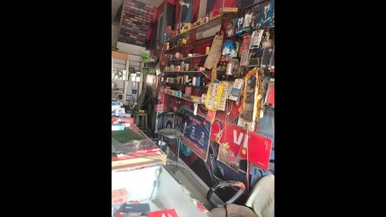 A mobile phone shop ransacked by burglars on the Daba-Lohara road in Ludhiana on Saturday. (HT photo)