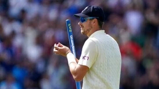 England's Ollie Robinson holds a stump as he walks off the field after their win on the fourth day of third test cricket match between England and India, at Headingley cricket ground in Leeds, England, Saturday, Aug. 28, 2021. (AP Photo/Jon Super)(AP)