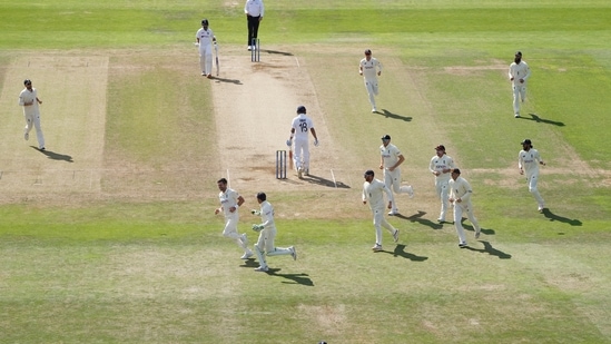 England players celebrate prematurely for the wicket of India's captain Virat Kohli (18) during the fourth day of third test cricket match between England and India, at Headingley cricket ground in Leeds, England, Saturday, Aug. 28, 2021. (AP Photo/Jon Super)(AP)