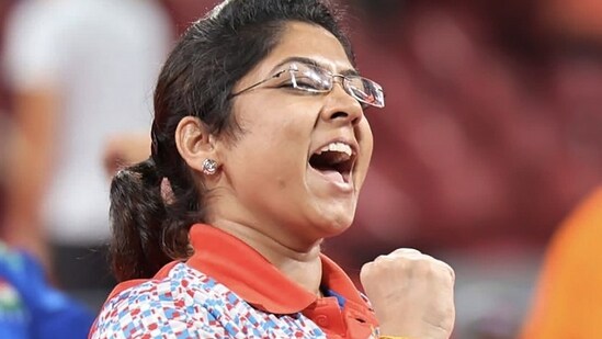 Tokyo: Paddler Bhavinaben Patel reacts during her Women's Singles Class 4 event match at the Tokyo Paralympics 2021.(PTI)