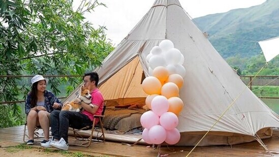 A young couple with their dog spend their time outside an Indiana-style tent at We Camp, a glamping site located in Yuen Long, Hong Kong The difficulty of travelling abroad has made glamping, or glamourous camping, popular in Hong Kong.(AP Photo/Matthew Cheng)