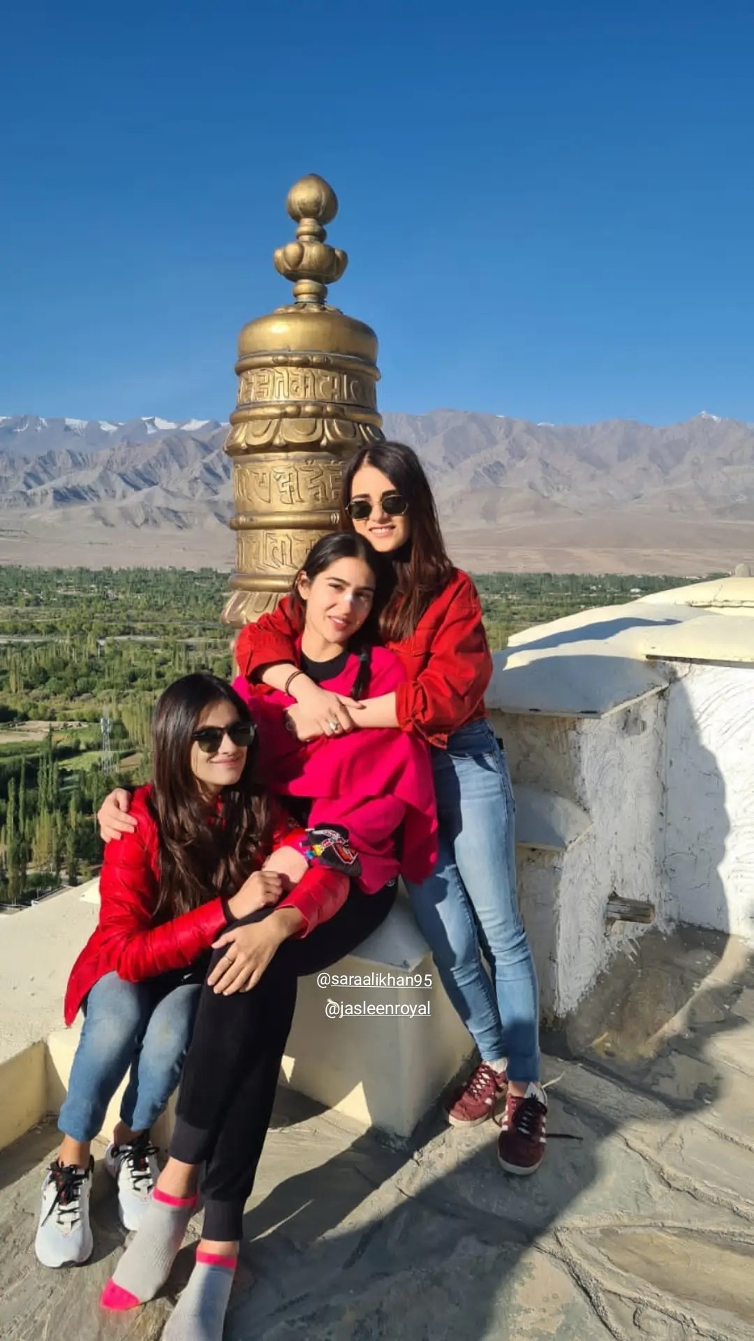 Radhika Madan, Sara Ali Khan and Jasleen Royal at Thikse Monastery's courtyard in Ladakh(Instagram/radhikamadan)