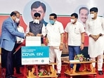 Union health minister Mansukh Mandaviya releases the first commercial batch of Covaxin, at Ankaleshwar on Sunday. ANI Union health minister Mansukh Mandaviya releases the first commercial batch of Covaxin, at Ankaleshwar on Sunday. ANI