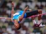 Nishad Kumar of India competes in the men's high jump - T47 final at Tokyo 2020 Paralympic Games in Tokyo.(AP) Nishad Kumar of India competes in the men's high jump - T47 final at Tokyo 2020 Paralympic Games in Tokyo.(AP)