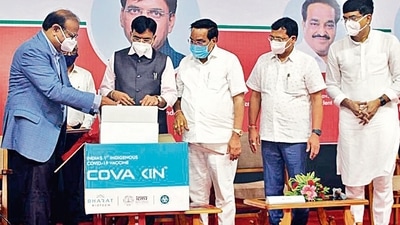 Union health minister Mansukh Mandaviya releases the first commercial batch of Covaxin, at Ankaleshwar on Sunday. ANI Union health minister Mansukh Mandaviya releases the first commercial batch of Covaxin, at Ankaleshwar on Sunday. ANI
